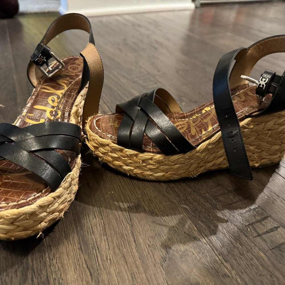 Sam Edelman Black and Tan Espadrille Wedges